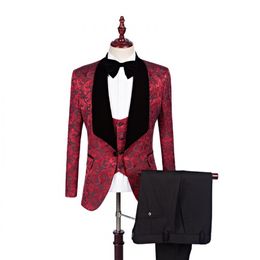 Jacquard Groom Tuxedos Burgundy Groomsman Wedding 3 Piece Suit Fashion Men Business Prom Party Jacket Blazer(Jacket+Pants+Tie+Vest) 2659