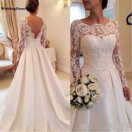 Vintage A Line Dresses Long Sleeves Lace Applique 2019 Satin Sweep Train Custom Made Plus Size Country Wedding Bride Gowns 401 401