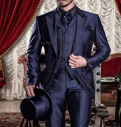 Embroidery Groom Tuxedos Navy Blue Groomsmen Mens Wedding Dress Peak Lapel Man Jacket Blazer Fashion 3 Piece Suit(Jacket+Pants+Vest+Tie)1563