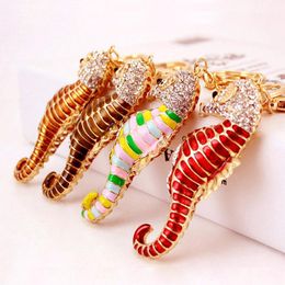 Sea Horse Pendant Keychains 3pcs/Lot Enamel Alloy Gold Tone Rhinestone Crystal Paved Animal Fashion Car Key Chains Oil Drop Key Rings