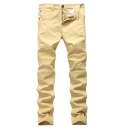 Men's Jeans Top Quality Khaki Biker Jeans Pleated Design Mens Skinny slim Stretch Denim pants New Arrival Hip-Hop Street Ripp243S
