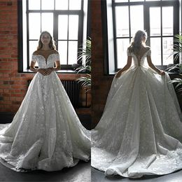 Floral Wedding Dresses Boho Off-shoulder Sleeveless Sequins Appliqued Bridal Gown Tulle Sweep Train Custom Made Beach Robes De Mariée