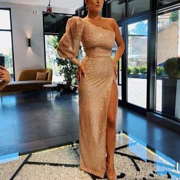 Rose Gold Sequined One Shoulder Prom Dresses Long Sleeves High Side Split Evening Dress Floor Length Party Gowns vestidos de fiest246L