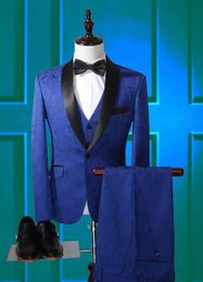 Jacquard Royal Blue Groom Tuxedos Shawl Lapel Best Blazer Bussiness Men Formal Evening Prom Suit Jacket Pant With Vest 3 Pieces Wedding Suit