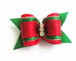 100PC/Lot Red Green Christmas Dog Hair Bows Rhinestone Dog Grooming Bows Pet Accessories