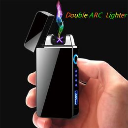 fire colors UK - New Fashion Double Arc Electronic Lighter 5 Colors Windproof Ultra-thin Metal Pulse USB Rechargeable Electric Arc Double Fire Lighter