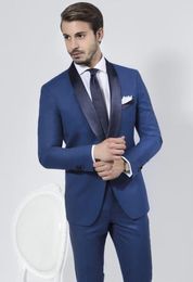 New Classic Style Groom Tuxedos Groomsmen Blue Shawl Lapel Best Man Suit Wedding Men's Blazer Suits (Jacket+Pants+Girdle+Tie) 1295