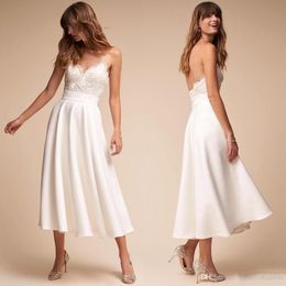 Sexy White Spaghetti Straps Short Wedding Dresses Satin A Line Tea Length Backless Beach Lace Bridal Wedding Gowns Vestidos De Soiree