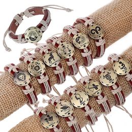 12 Constellation Woven Leather Bracelet Zodiac Sign Charm Couple Vintage Punk Bangles for Men Women Retro Wristband Fashion Jewellery
