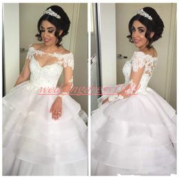 Vintage Disse Mhamad Ilusão Sheer Tiered Vestidos de Casamento Árabe Tule de Manga Longa Vestido de novia País Nupcial Bola Vestidos de Noiva vestido