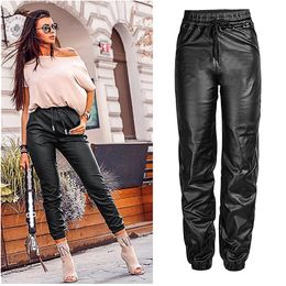 2020 Spring Fashion Faux Leather Pants Women Plus Size Elastic Tie Waist Trousers New Autumn Thick Pu Pants Black Female K331