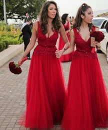 Setwell Red V-neck A-line Bridesmaid Dresses Sleeveless Lace Appliques Beaded Wedding Guest Plus Size Maid Of Honour Gowns