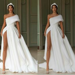 aline wedding dresses sexy oneshoulder highsplit appliques sash bridal gown tulle ruched sweep train custom made robes de marie