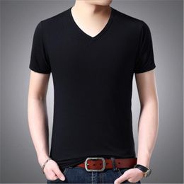 V Neck Elasticity Casual Tops Man New Breathable Cool Solid Color Slim Tshirt Male Summer Fashion Loose Tee Clothing