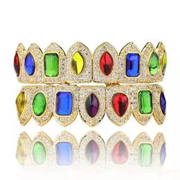 Hip Hop Colourful Gemstone Teeth Grillz Men Women Designer Gem Bling Diamond Dental Grills Plated Copper Gold Sie205i