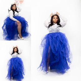 Royal Prom White Blue Dresses Two Pieces Plus Size Evening Gowns Lace Top and Tutu Skirt Ruffles Split Cheap Formal Party Dress