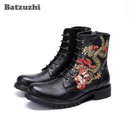 Batzuzhi Genuine Leather Ankle Motorcycle Men Boots Round Toe Totem Fashion Men Boots Botas Hombre, Runway, Party Short Boot Man