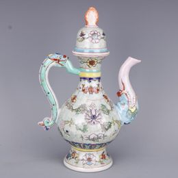 Chinese handwork inlay silver dragon cyan yellow porcelain teapot monkey