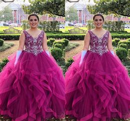 Sleeveless Fuchsia Top Appliques Ball Gown Deep V-Neck Quinceanera Dress With Puffy Ruffles Beaded Sweet 15 Dresses Customise