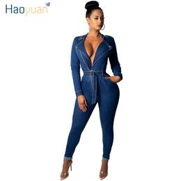 HAOYUAN Sexy Denim Jumpsuit High Stretch Clothes Club Overalls Long Sleeve Bodycon Jeans Rompers Womens Jumpsuit