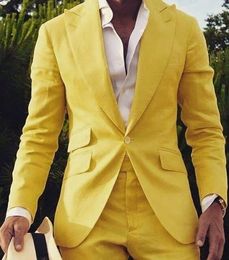 Hot Selling Groomsmen Peak Lapel Groom Tuxedos yellow Men Suits Wedding/Prom/Dinner Best Man Blazer ( Jacket+Pants+Tie) G193