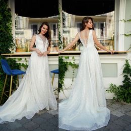 2020 Beach Wedding Dresses with Overskirts V Neck Lace Appliques Lace Satin Bridal Gowns Backless Sweep Train A-Line Wedding Dress