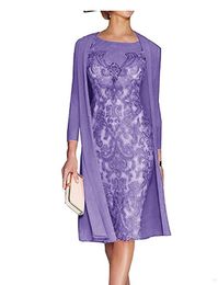 2 Pieces Pink Mother Of Bride Dresses Lace Chiffon Jewel 3 4 Sleeve Knee Length Mother Dress Capped for Weddings2662