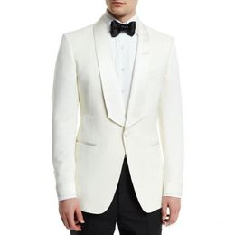 New High Quality Side Vent One Button Ivory Wedding Groom Tuxedos Shawl Lapel Groomsmen Mens Dinner Blazer Suits (Jacket+Pants+Tie) 318