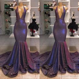 Cheap Sexy Purple Deep V-Neck Plus Size Mermaid Prom Dresses Long Ruffles Sequins Backless Formal Dress Evening Wear Gowns ogstuff