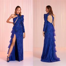 Sexy High-split Backless Blue Evening Dresses High-neck Full Lace Appliqued Sequins Prom Dress Sweep Train Custom Made Party Gown