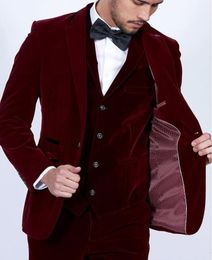 Custom Made Groom Tuxedos Burgundy Velvet Men Suits Slim Fit 3 Piece Blazer Tailor Wine Red Groom Prom Party Tuxedo(Jacket Pants Vest)