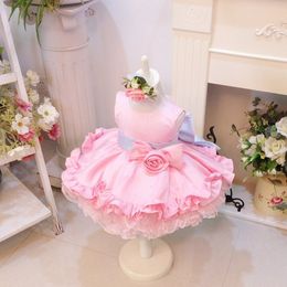 Pink Flowers Girls Dresses Jewel Ruffles Flower Toddlers Infants Baby Short Pageant Gowns Kids Princess Party Dress For Wedding