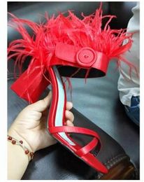 Hot Sale-Rome Style Cut-Outs Block Heels Women Sandals Pink Red Feather High Heels Shoes Button Decoration Ankle Strap Women Pumps