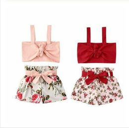 Baby Clothing Sets Kids Girls Big Flower lace-up Top Ruffle Shorts Suits Children Summer Fashion Suspender Vest Bowknot Pants Suit BYP812