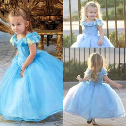 Princess Cute Light Sky Blue Cheap Cap Sleeve Flower Girls Dresses Tulle Appliques Party Dress Sweep Train Infant Dress For Kids Prom Dress