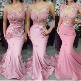 2023 Sexy Pink Mermaid Bridesmaid Dresses Mixed Styles Lace Appliques Beaded Sashes For Wedding Maid of Honour Gowns Prom Evening Dress Plus Size Floor Length