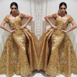 Yousef Aljasmi Evening Dresses Mermaid Prom Klänning Med Guld Sequins Lace Avtagbar Overkirt Sparkly Dubai Arabiska Tillfälle Kappor 2019