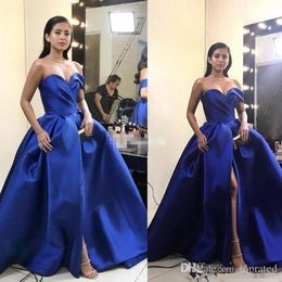 Sexy Cheap Royal Blue Charming Evening Dresses Sweetheart Front Split Formal Prom Gowns Floor Length Satin Special Occasion Wear Custom Made