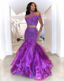 2020 Arabic Aso Ebi Lilac Lace Sexy Evening Dresses Beaded Two Pieces Prom Dresses Organza Formal Party Second Reception Gowns ZJ346