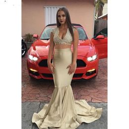 Gold Evening Dress Two Piece V Nevk Cap Sleeve Mermaid Prom Gowns vestidos largos Sequin Evening Dress