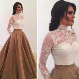 Vintage High Neck Lace Top White Long Sleeves Evening Dresses Pocket Prom Gowns Custom Made Celebrity Dresses