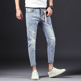 Wholesale-Fashion Streetwear Mens Jeans Destroyed Ripped Design Pencil Denim Pants Ankle Skinny Men Full Length Jeans Ankle-length Pant
