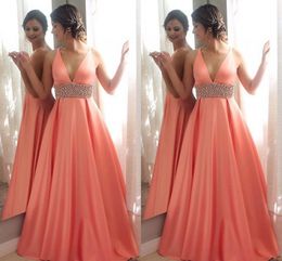 Coral Sexy V-Neck Prom Dresses Beaded Sash A-Line V Back Party Gowns Evening Formal Dress New Long Cheap Special Occasion Wear