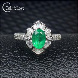 925 silver emerald ring 5 mm * 7 mm real natural emerald silver ring flower design 925 silver emerald jewelry girl gift