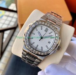 New 18K White Gold 5711 Baguette Diamond Watch 316L Steel Bracelet 40mm Automatic Mens Fashion Men Watches Luxury Watch New Version