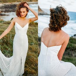 2020 Front Split Sheath Wedding Dresses Spaghetti Sleeveless Appliques Lace Wedding Dress Sweep Train Vestidos De Novia