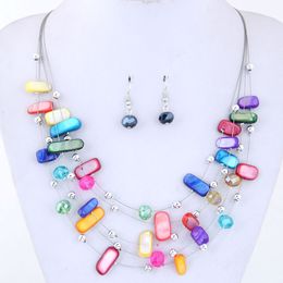 New Europe Jewelry Set Women's Colorful Crystal Shell Beads Layers Necklace With Dangle Earrings Lady's Set S127
