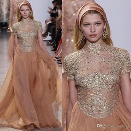 Elie Saab Dubai High Neck A Line Evening Dresses Illusion Short Sleeves Lace Applique Floor Length Beadings Runway Celebrity Gowns