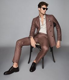 Handsome Mens Tuxedos 2 Pieces Brown Slim Fit Pants Suits Groom Men Formal Blazer Suits (Jacket+Pants)