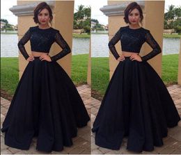 2019 new Black two Pieces Dresses Evening dresses 2017 Elegant Long Sleeves Beaded bodice Satin Prom Gowns A-Line Formal Party Dress